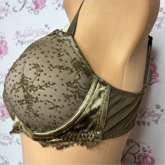 Victoria secret lined Demi bra green khaki lace velvet velour soft rare Angels - Picture 5 of 12